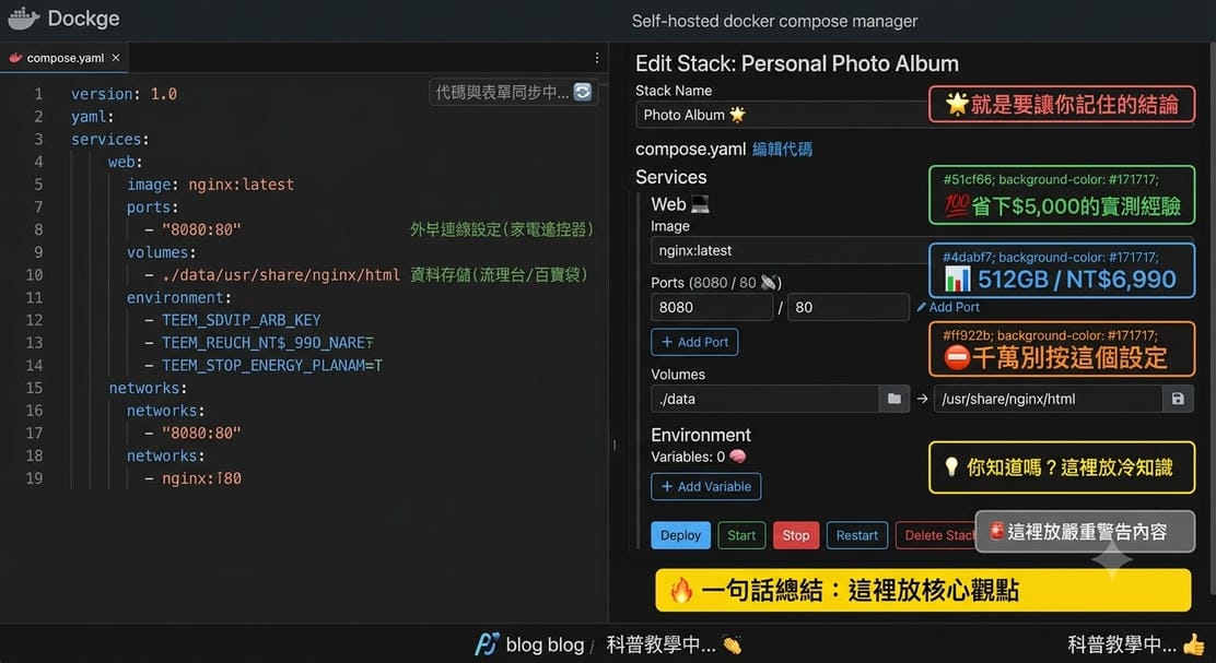 展示 Dockge 乾淨優雅的深色模式首頁與多個容器堆疊狀態